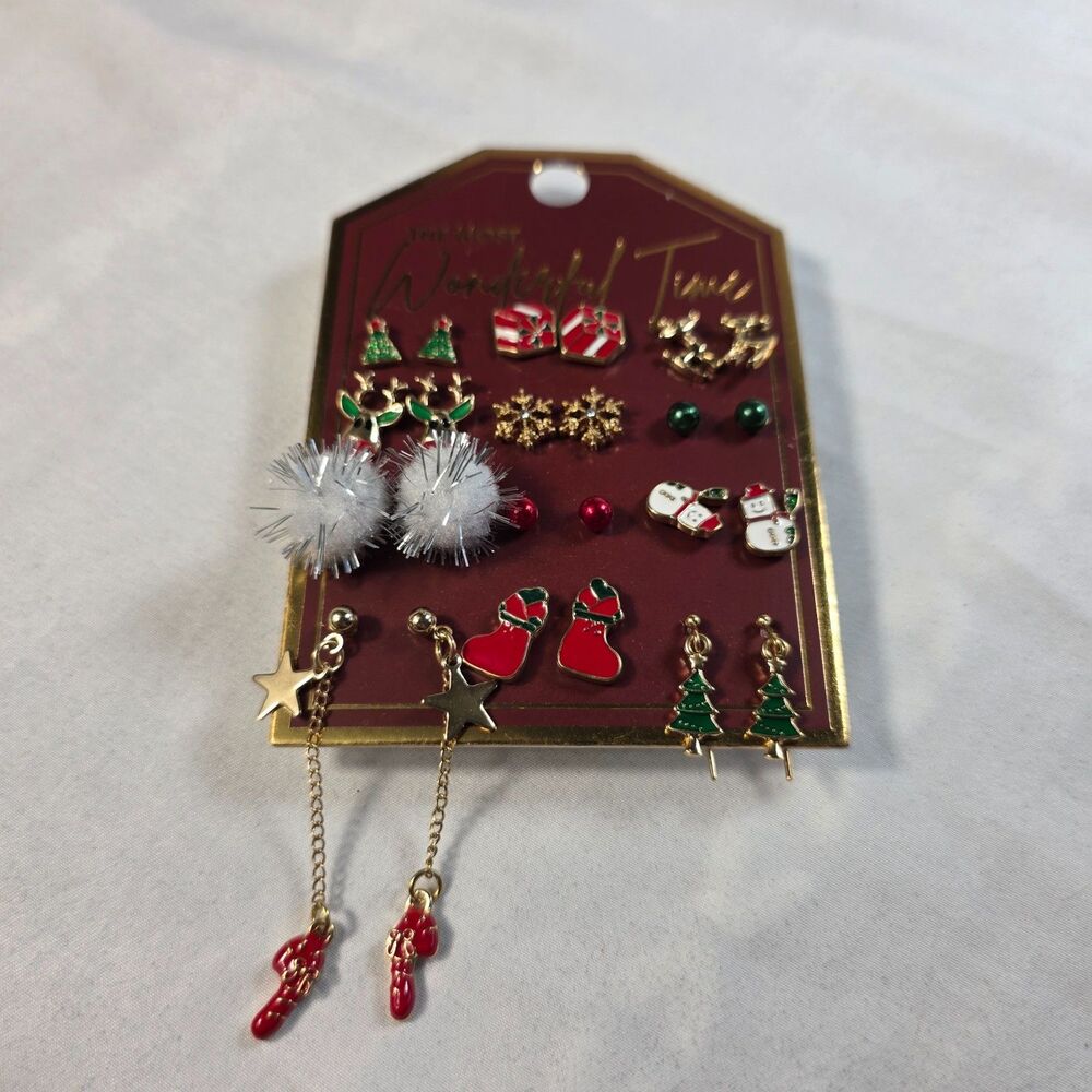 Christmas Holiday Earring Set 12 Pairs Studs Dangle Tree Reindeer Snowman